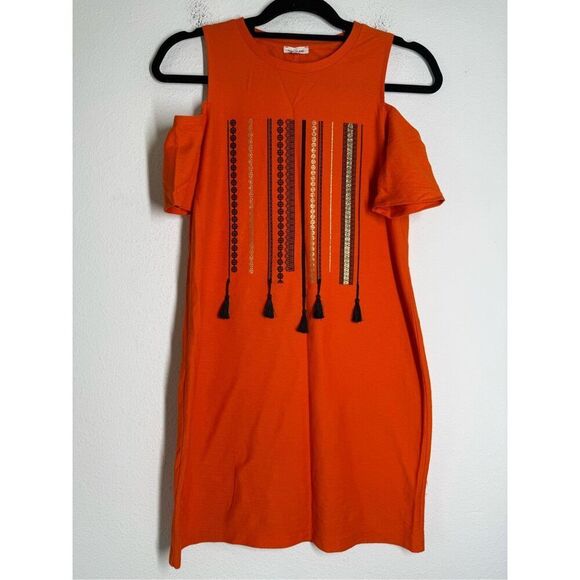 River Island Cold Shoulder Orange Embroidered Dress Tassels Sz 6/4 US See Notes - Picture 1 of 15
